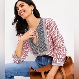 LOFT Large Red And Navy Boho Vibe Long Sleeve Button Shirt